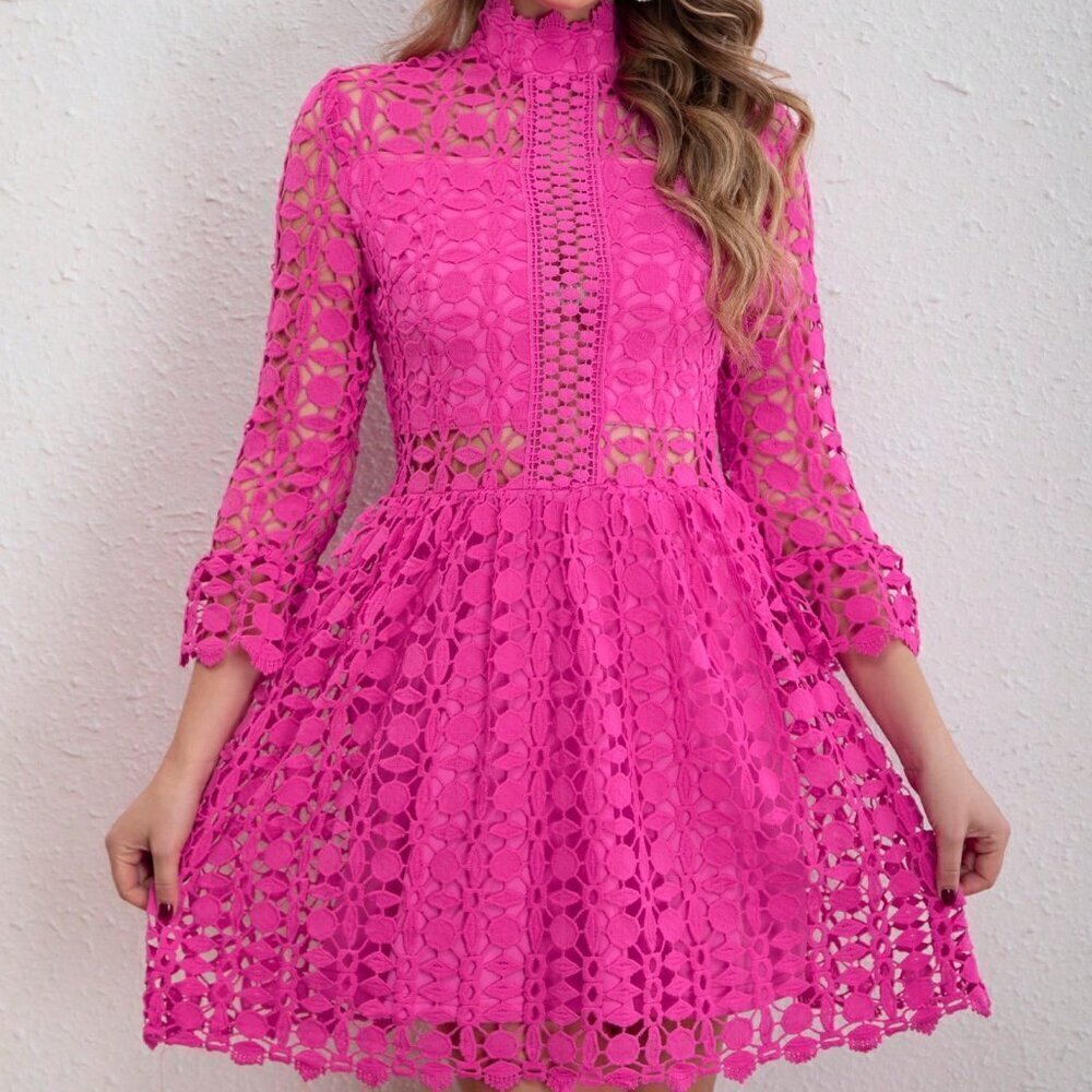Hot Pink Elegant Women's Long Sleeve Guipure Lace Dress - Picture 2 of 5